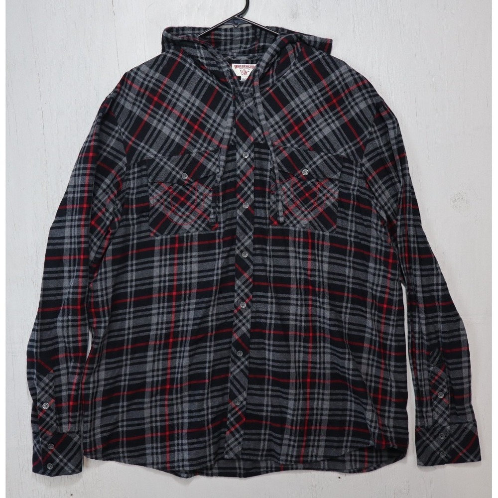 Mens True Religion Button Front Shirt Mens Size 3XL Long Sleeve Hoodie Plaid